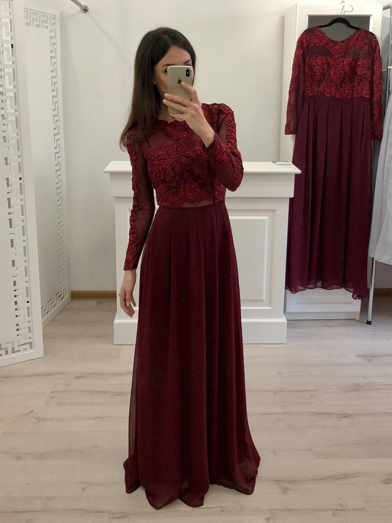 Round Neck Long Sleeves Burgundy Lace ...